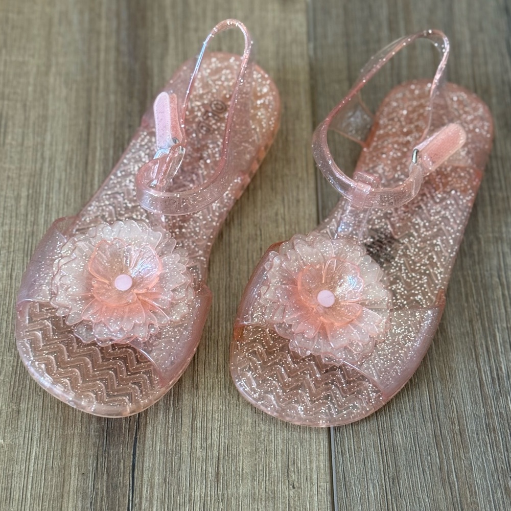 Sparkly Pink Kids Jelly Sandals with Flower